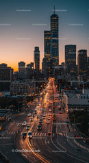 Night Skyline of Downtown with Modern Skyscraper and City Lights