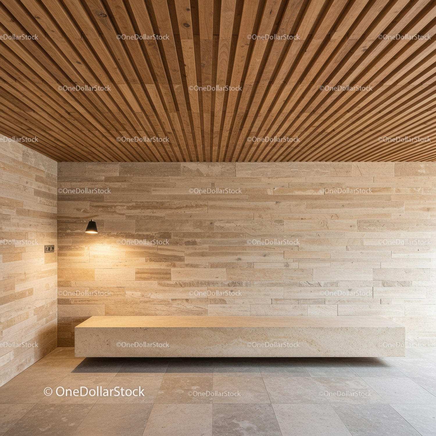 Modern Interior with Wooden Paneled Ceiling and Beige Stone Wall