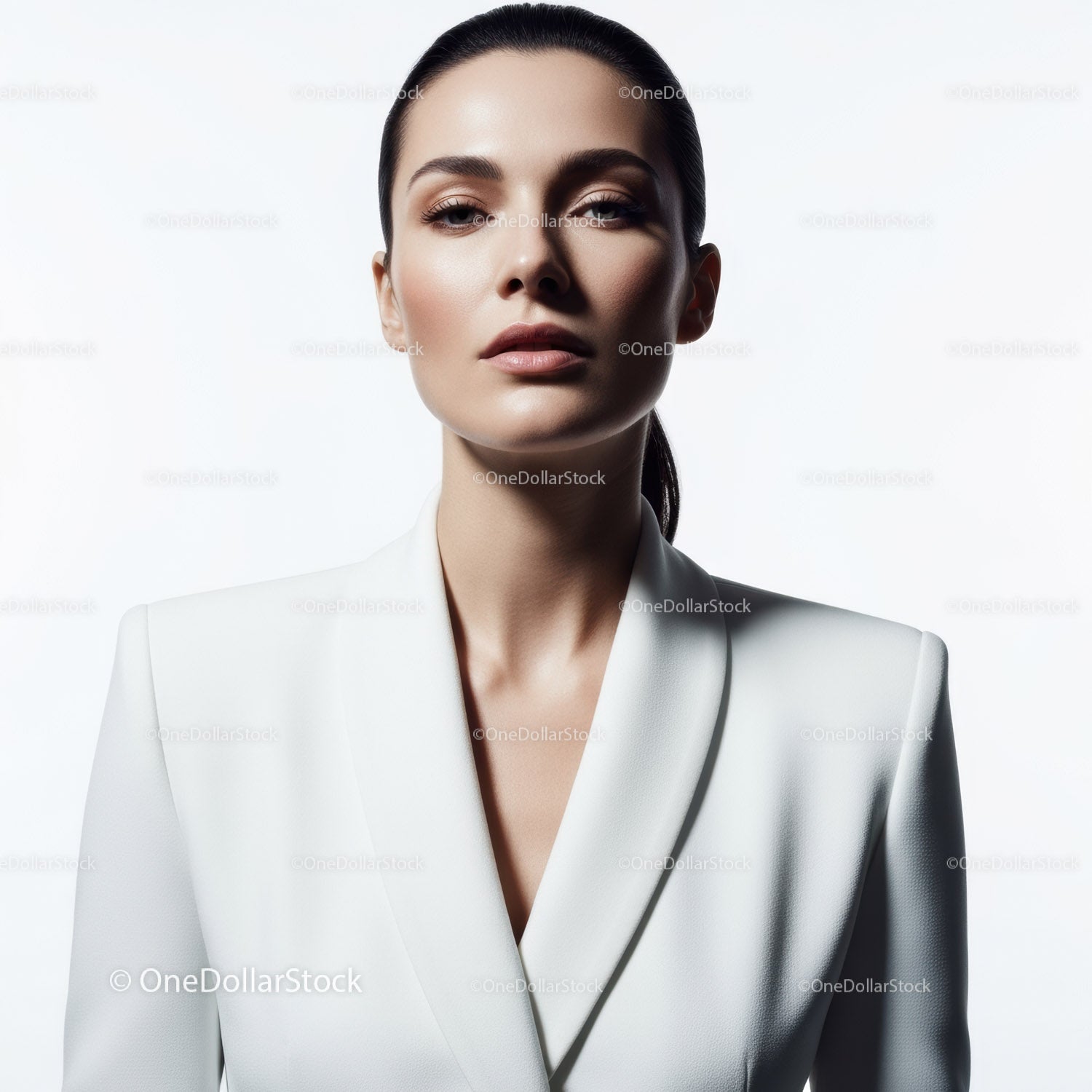 Elegant Woman in White Blazer with Studio Background