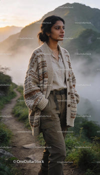 Woman in cozy knit cardigan enjoying mountain sunrise