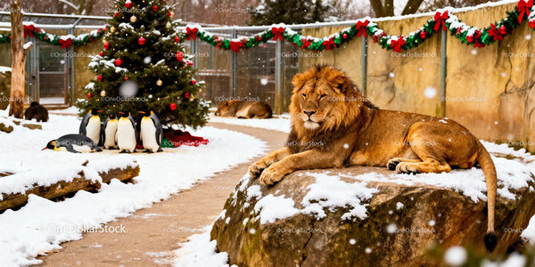 Lion resting on snowy rock with festive penguin group