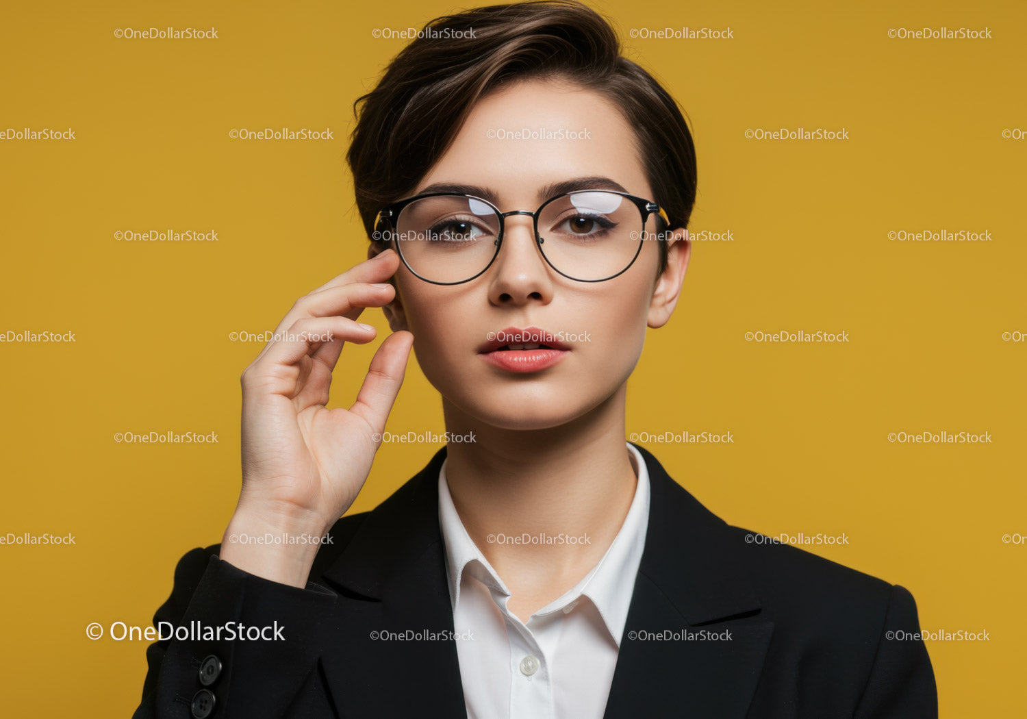Profesjonalna kobieta w okularach, portret na żółtym tle
