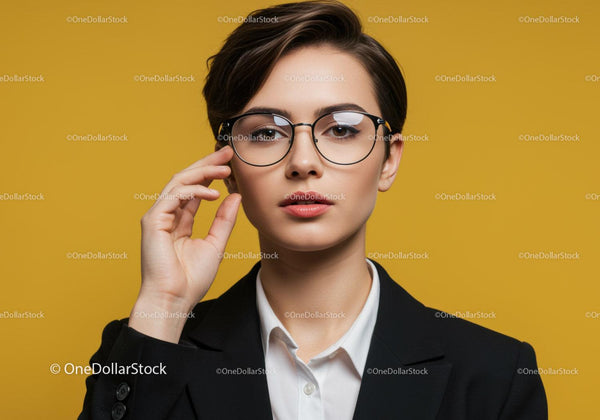 Professional Woman with Glasses Portrait on Yellow Background