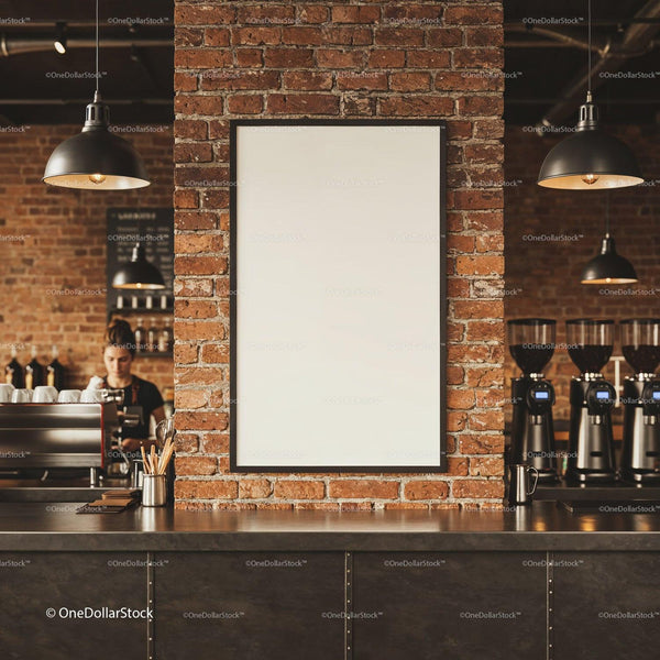 Blank Frame on Brick Wall in Trendy Coffee Shop Interior JPG Mockup Image