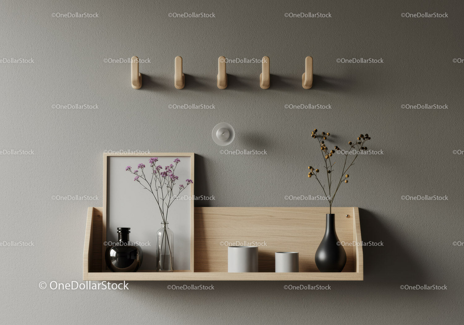 Modern Wooden Shelf with Dried Flowers and Decorative Vases in Minimalist Interior
