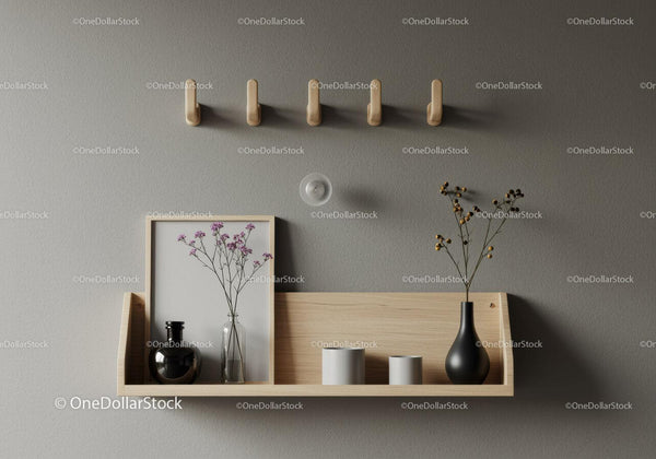 Modern Wooden Shelf with Dried Flowers and Decorative Vases in Minimalist Interior