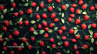 Fresh Red Strawberries among Green Leaves on Black Background