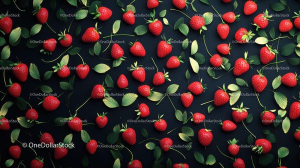 Fresh Red Strawberries among Green Leaves on Black Background