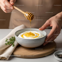 Honey Drizzling Over Creamy Yogurt in Rustic Kitchen Setting