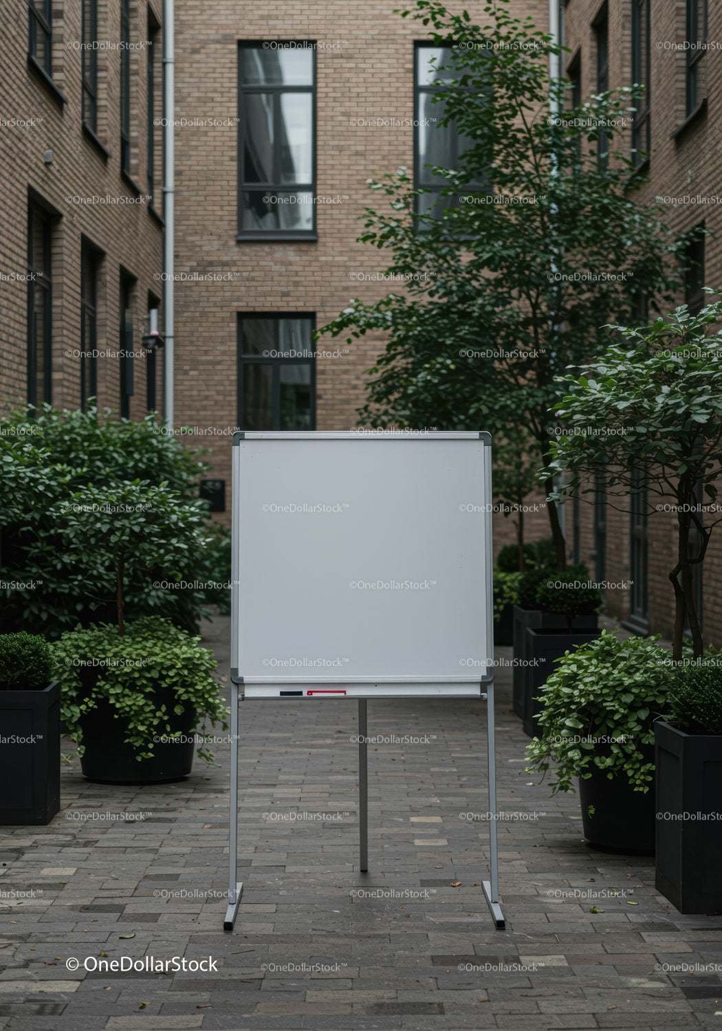Blank whiteboard in modern urban courtyard with greenery