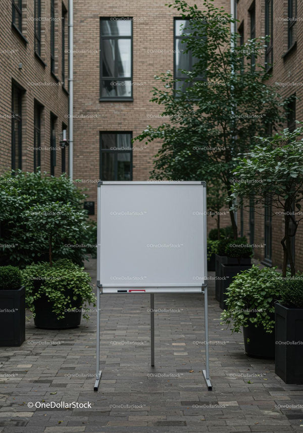 Blank whiteboard in modern urban courtyard with greenery JPG Mockup Image
