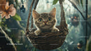 Cute Tabby Kitten Hanging in Wicker Basket in Natural Garden