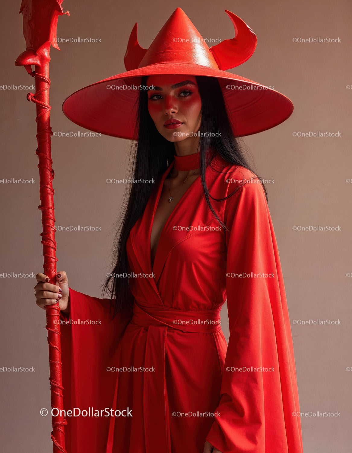 Elegant Woman in Red Dress with Accessories Against Red Background