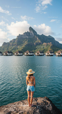 Scenic Mountain and Overwater Bungalows with Woman at Sunset