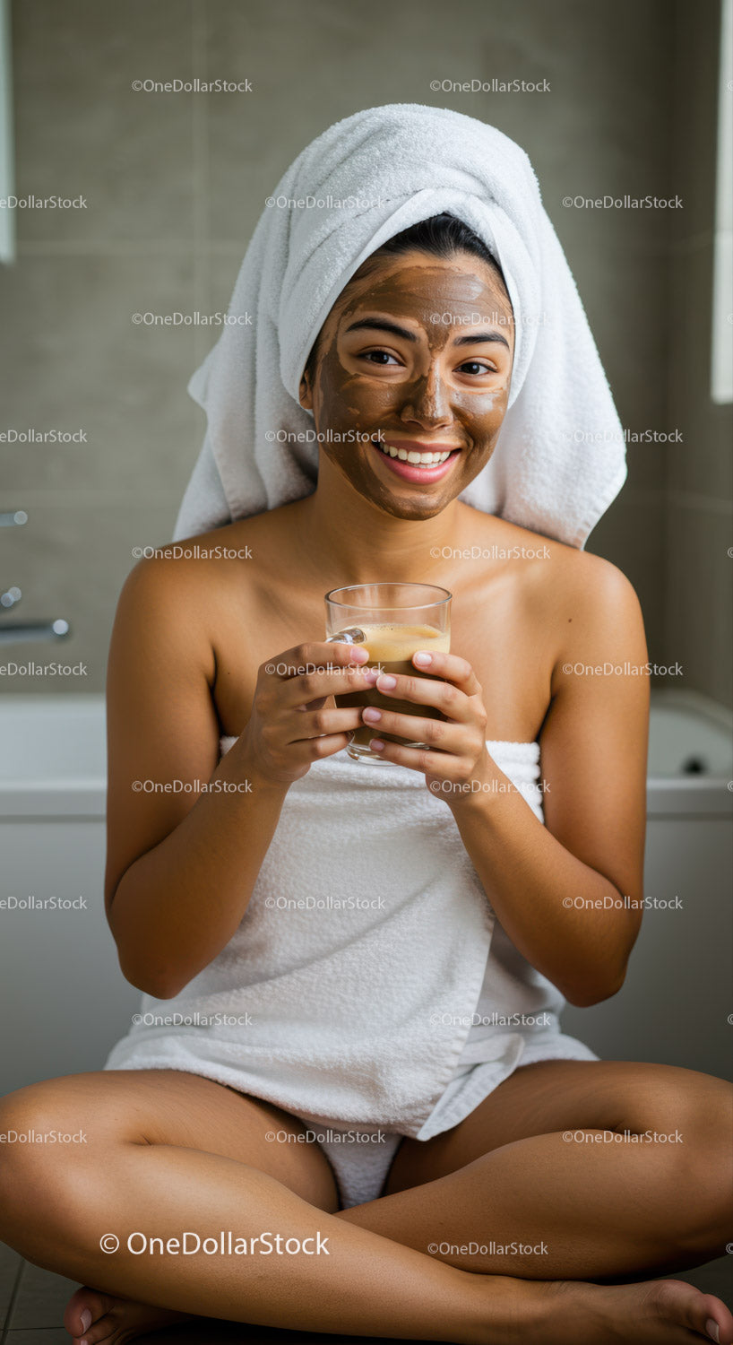 Young Woman Enjoying Facial Mud Mask in Relaxing Spa Bathroom
