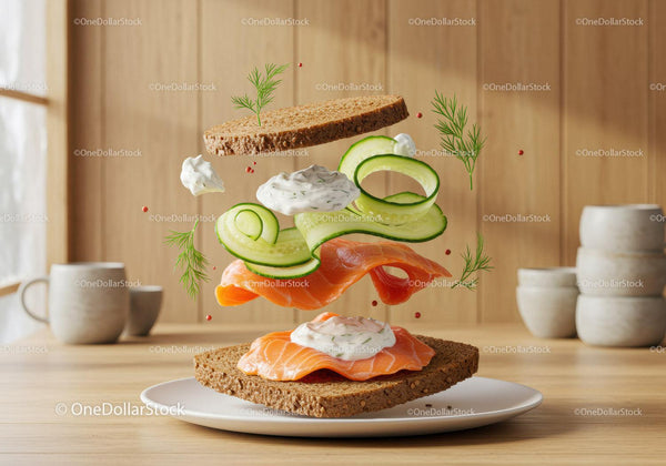 Fresh smoked salmon sandwich with cucumber and dill