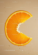 Fresh orange slice with water droplets underwater