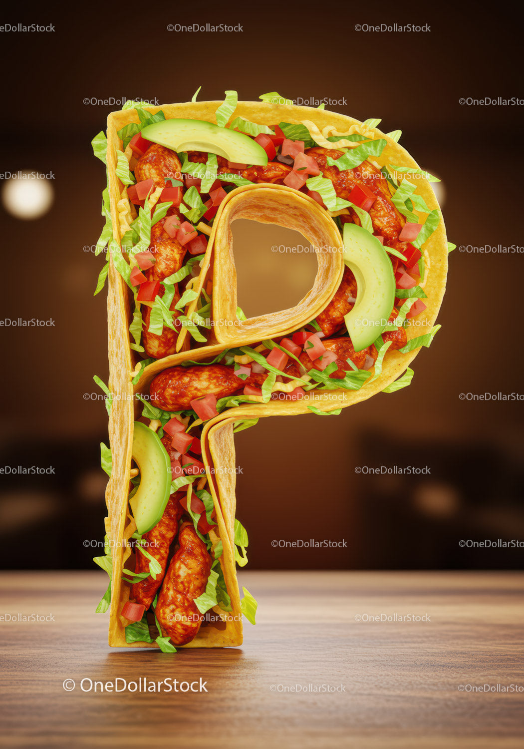 Taco shaped as letter P filled with fresh ingredients