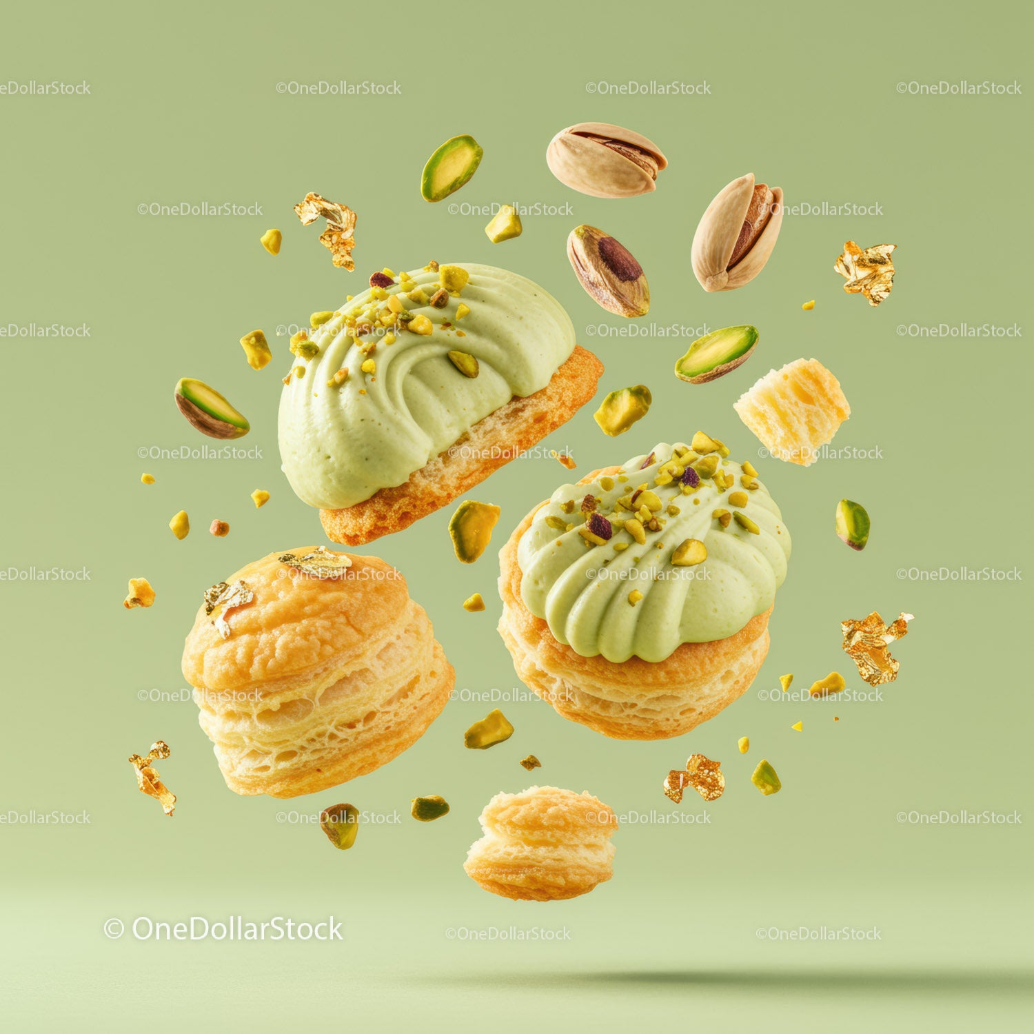 Delicate pistachio cream pastries with crunchy details
