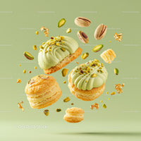 Delicate pistachio cream pastries with crunchy details