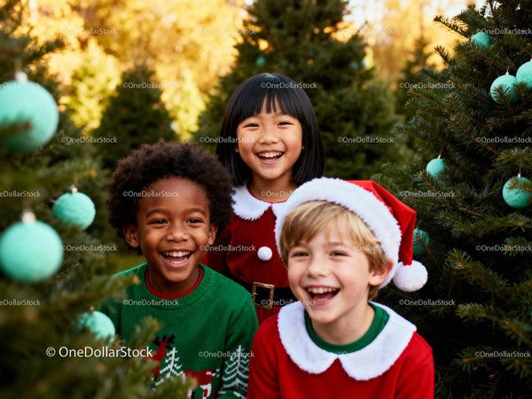 Joyful children smiling among Christmas trees outdoors