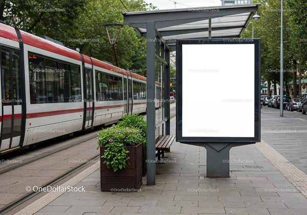 Modern tram stop with blank advertising board in city JPG Mockup Image