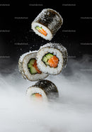 Fresh Salmon Sushi Rolls on Misty Black Background