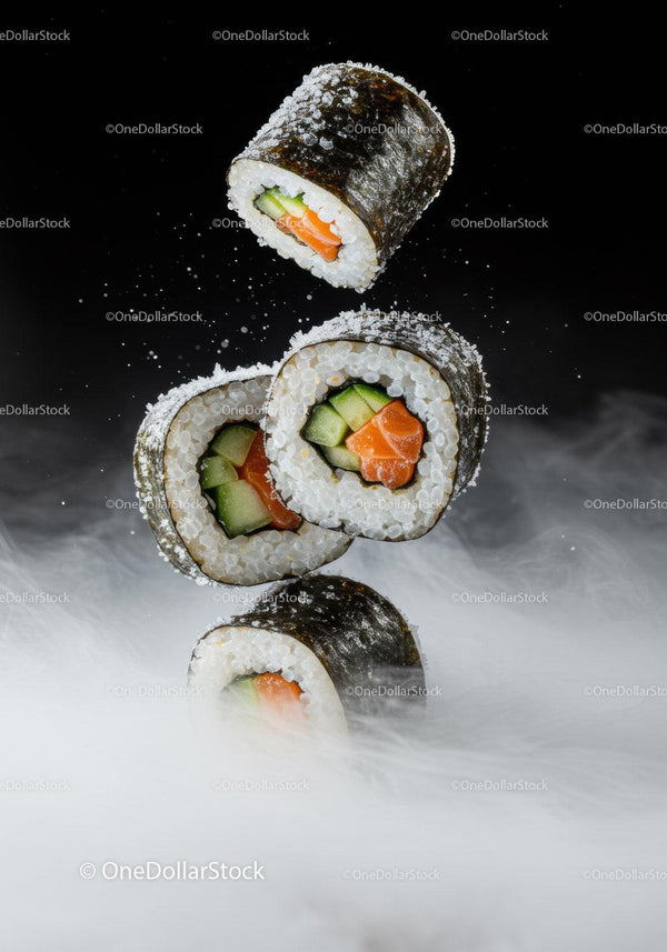 Fresh Salmon Sushi Rolls on Misty Black Background