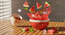 Fresh watermelon slices splashing in vintage bowl with tea