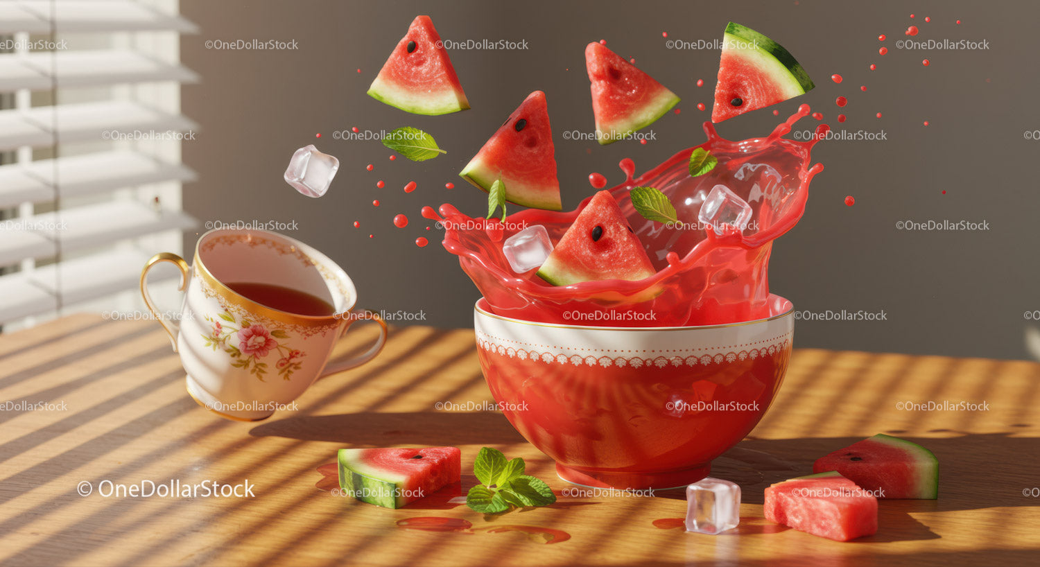 Fresh watermelon slices splashing in vintage bowl with tea