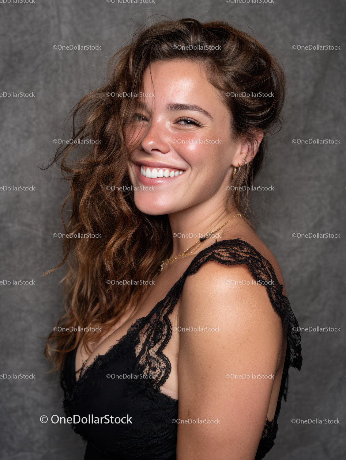 Portrait of a Smiling Brunette Woman Wearing a Lace Top
