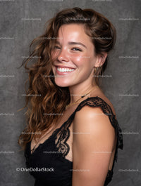 Portrait of a Smiling Brunette Woman Wearing a Lace Top