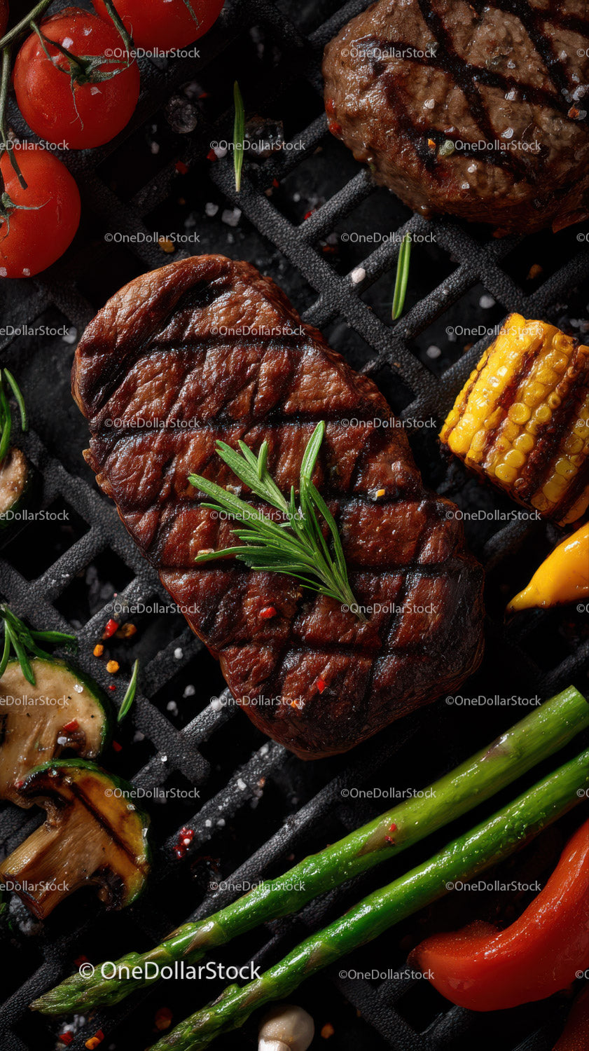 Juicy Grilled Steak with Cherry Tomatoes Asparagus and Corn