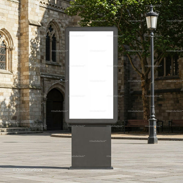 Blank vertical digital billboard in historic city square JPG Mockup Image