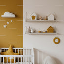 Modern Nursery with Mustard Yellow and White Decor Featuring Wall Shelves and Toys