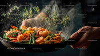Fresh Shrimp and Vegetable Stir Fry in a Steaming Skillet