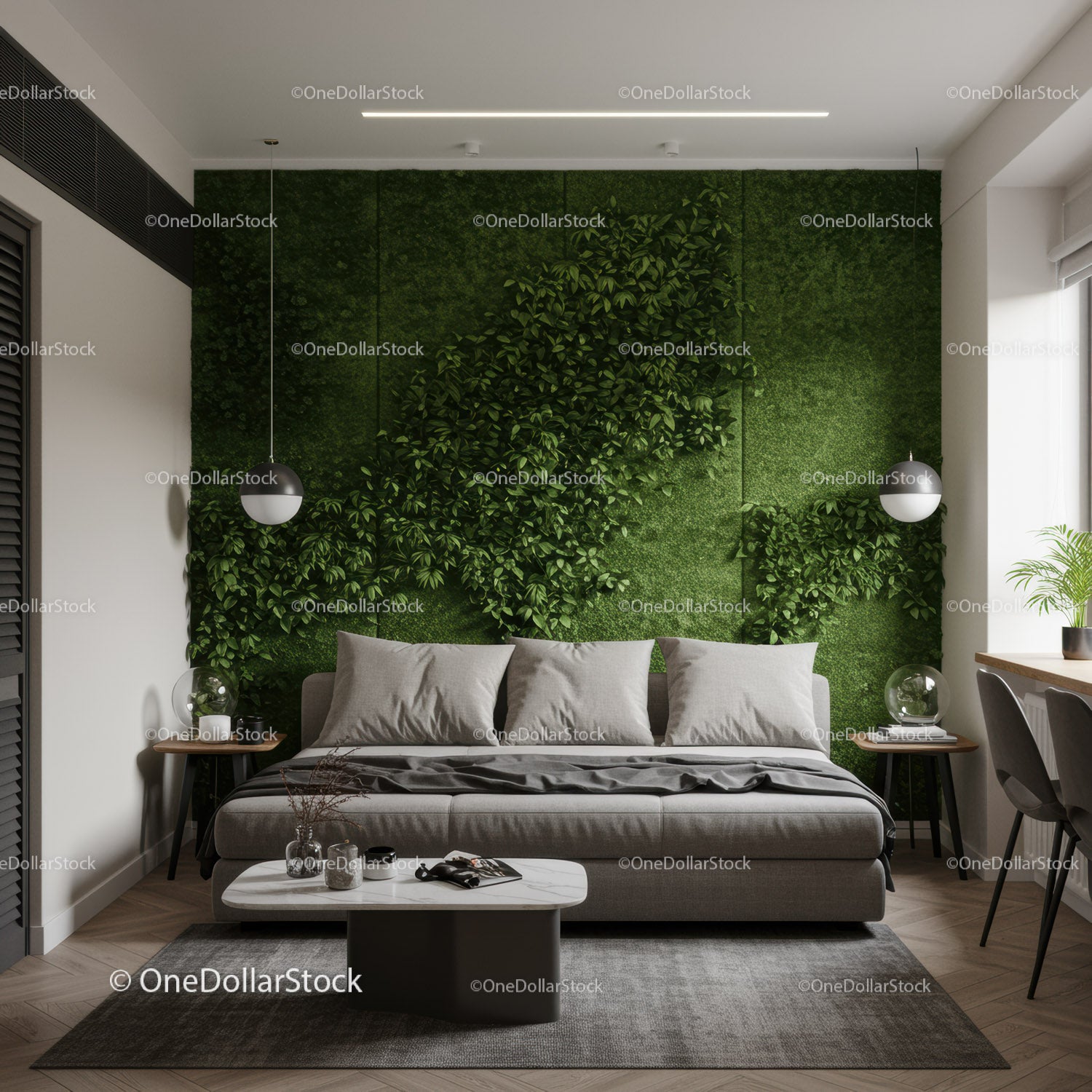 Modern Bedroom with Lush Green Living Wall and Cozy Decor