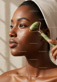 Young Woman Performing Facial Massage with Jade Roller for Skin Rejuvenation