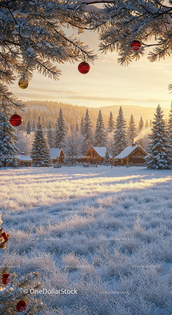 Cozy winter cabins among snowy forest at sunset