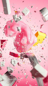 Colorful Paint Explosion with Chalk and Confetti on Bright Pink Background