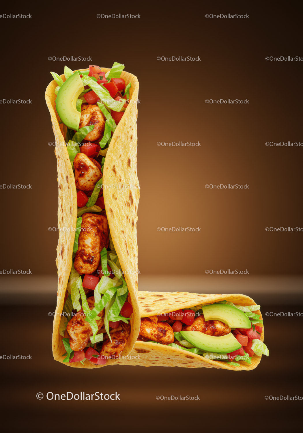 Fresh chicken wraps arranged in an L shape on brown background