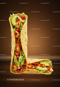 Fresh chicken wraps arranged in an L shape on brown background