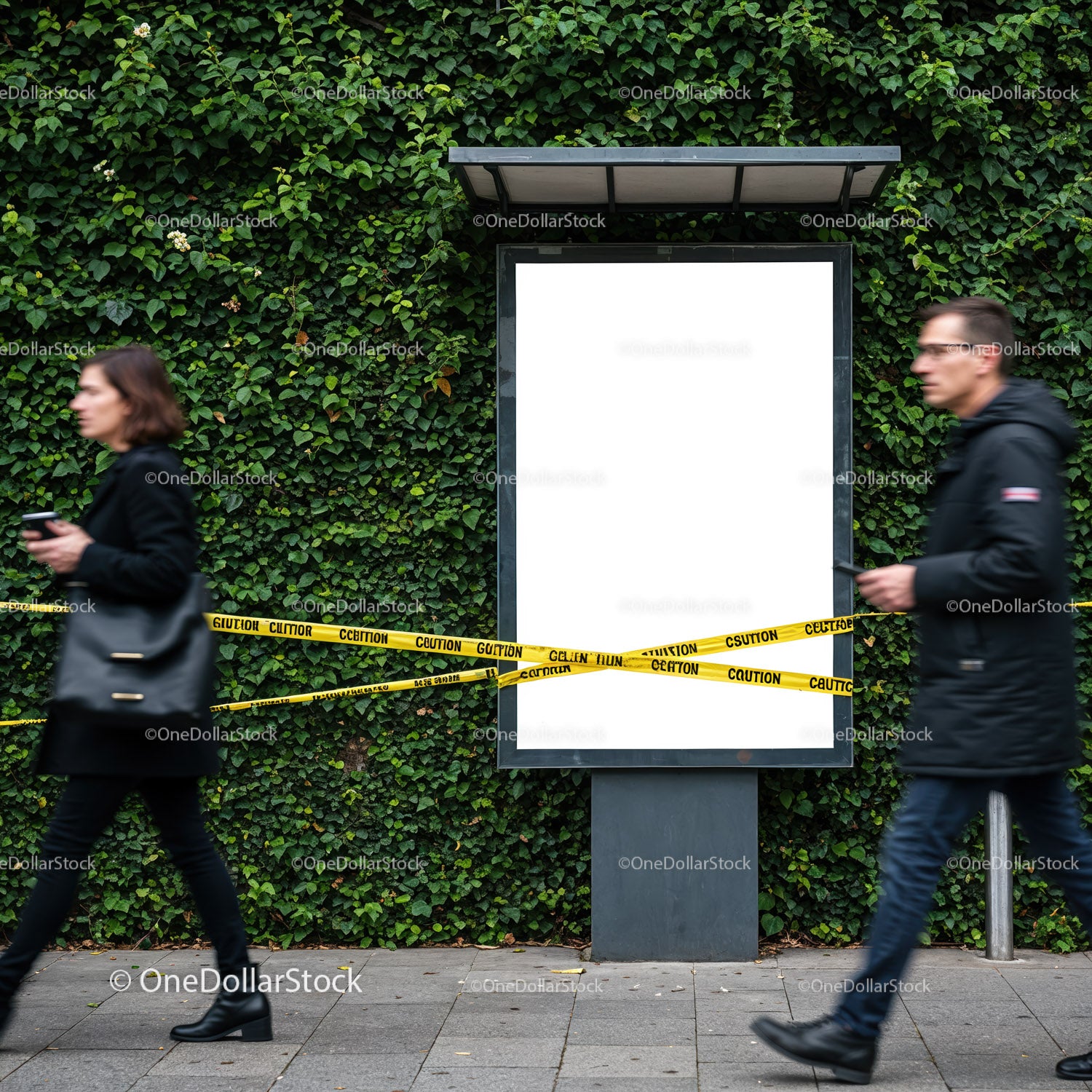 Blank urban billboard with caution tape and passing pedestrians