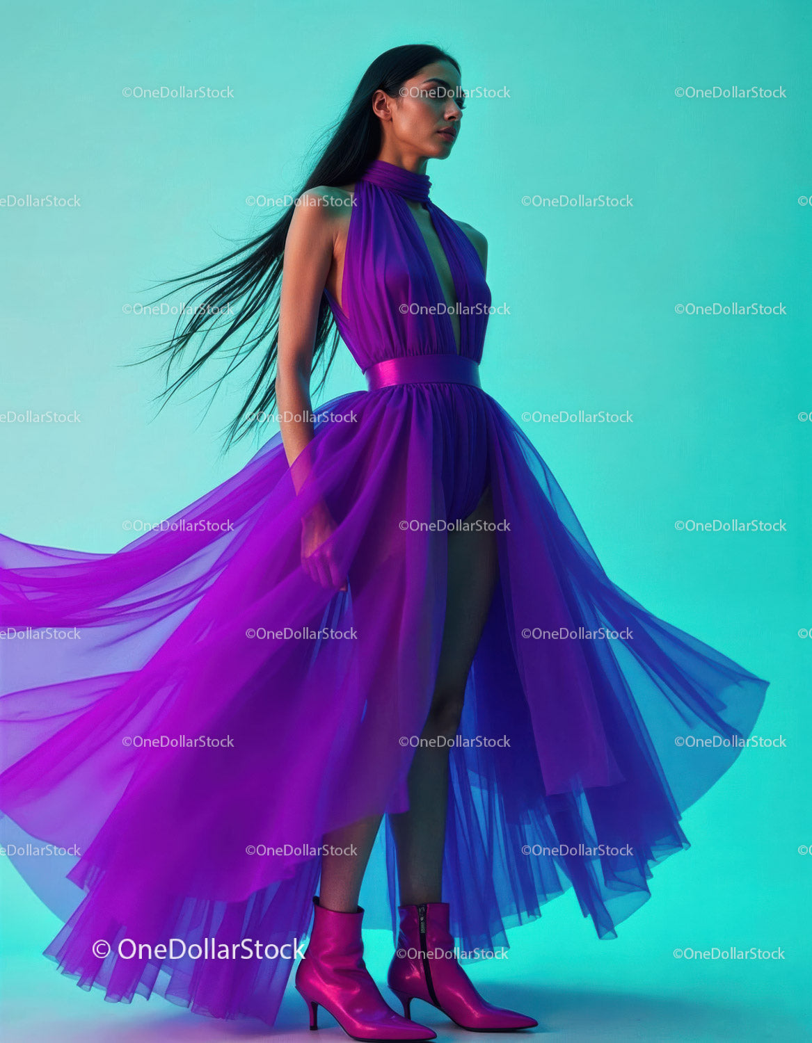 Vivid Fashion Model in Flowing Purple Tulle Gown with Pink Boots