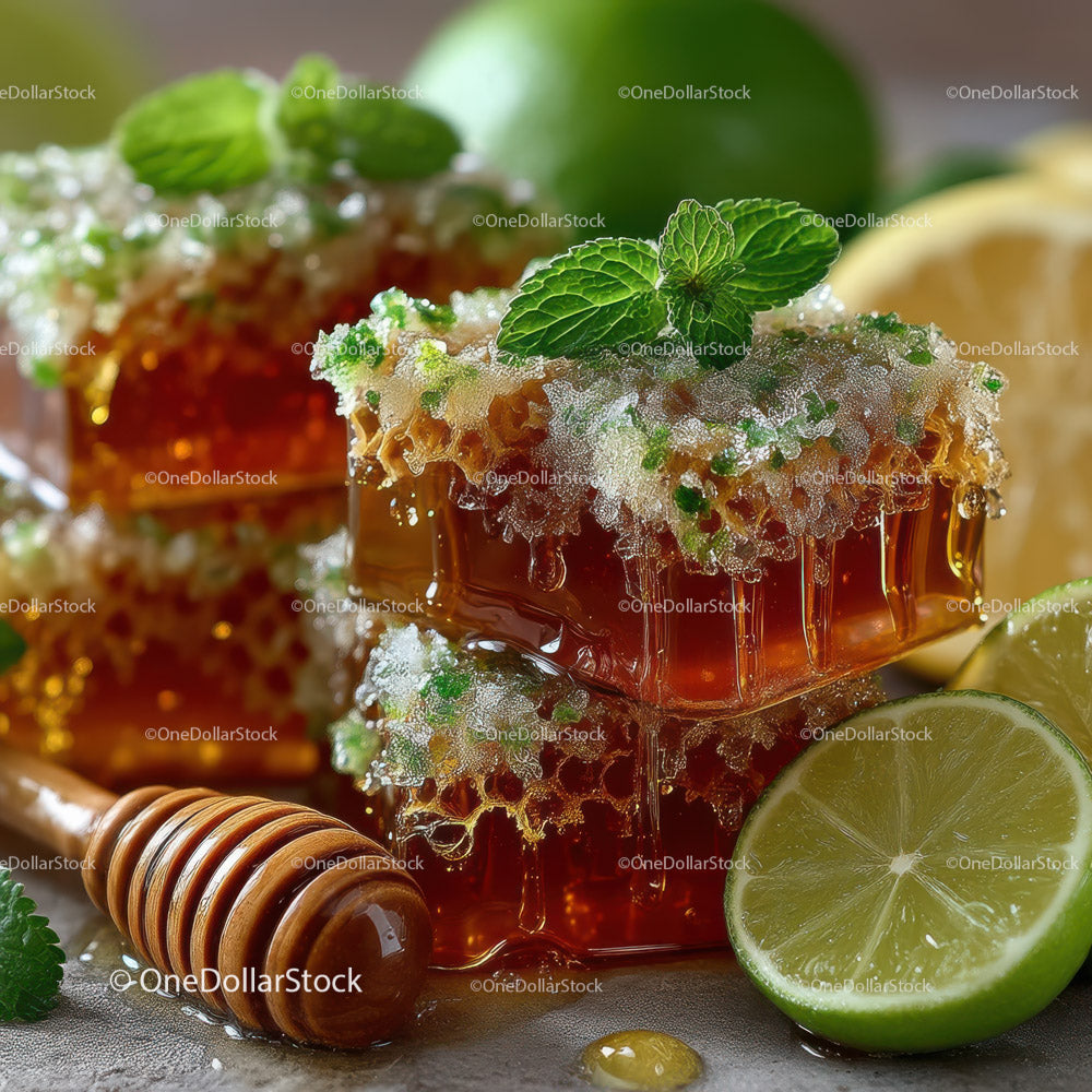 Delicious Honeycomb with Lime Slices and Mint Leaves