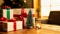 Cozy Christmas gifts and candle on wooden table