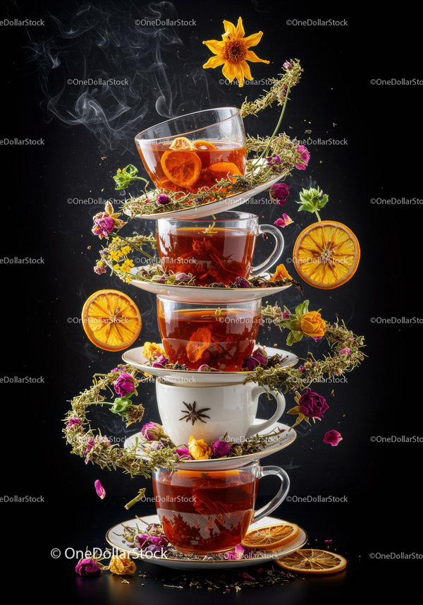 Stack of Herbal Tea Cups with Dried Flowers and Citrus
