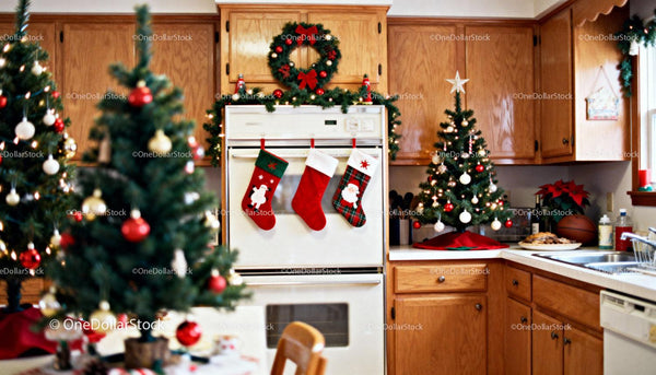 Cozy kitchen decorated with festive Christmas decorations