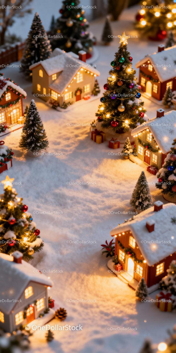 Miniature Winter Village Illuminated by Christmas Lights