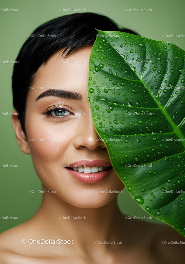 Young Woman Beauty Portrait Half Face with Water Droplet Leaf Green Background